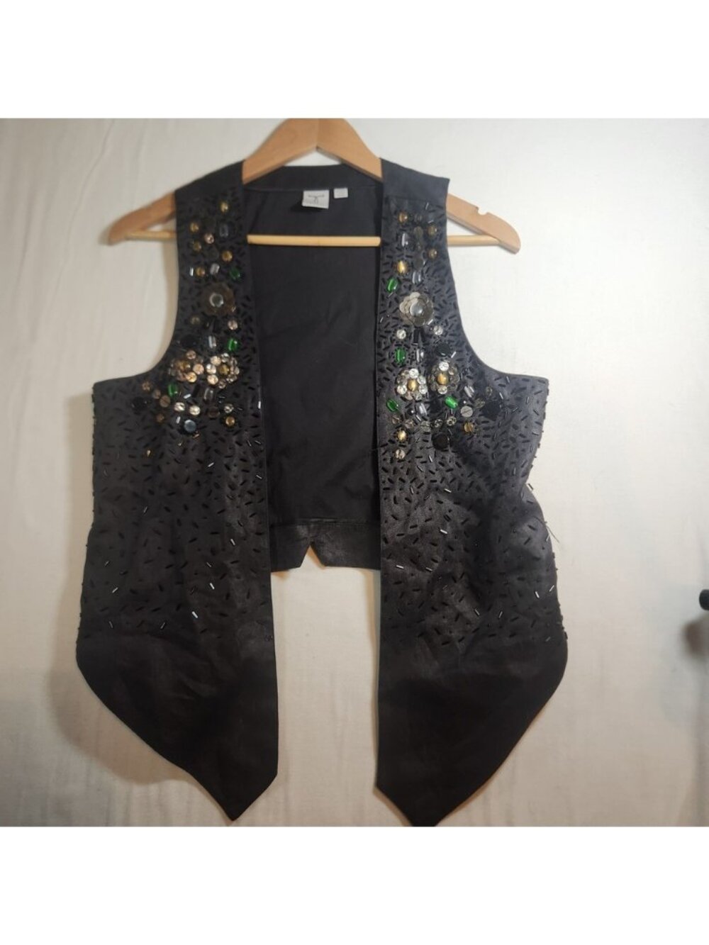 Tristan Black Beaded Sequin Embellished Open Front Vest Womens TG/XL Boho‎ Chic